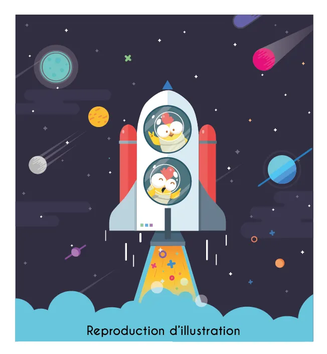 Illustration de poules partant pour l'espace